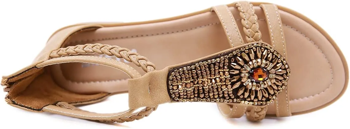 HNGHOU Women's Travel Flat Sandals Summer Casual Rhinestone Roman Flat Sandals Summer Shoes