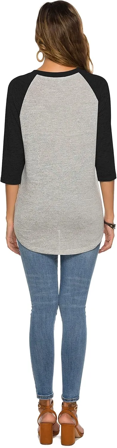 HOCOSIT Women's Raglan V Neck Summer Tops 3/4 Sleeve Ladies Button Henley Shirt Boyfriend Style Blouse