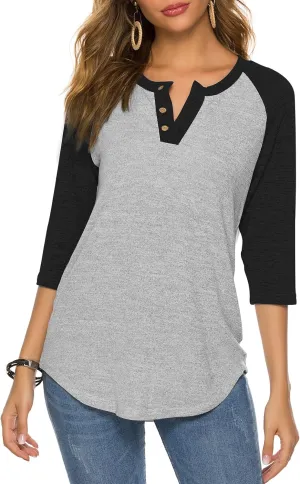 HOCOSIT Women's Raglan V Neck Summer Tops 3/4 Sleeve Ladies Button Henley Shirt Boyfriend Style Blouse