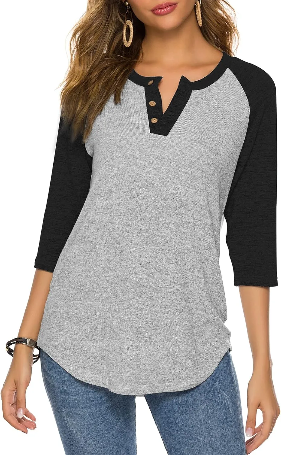 HOCOSIT Women's Raglan V Neck Summer Tops 3/4 Sleeve Ladies Button Henley Shirt Boyfriend Style Blouse