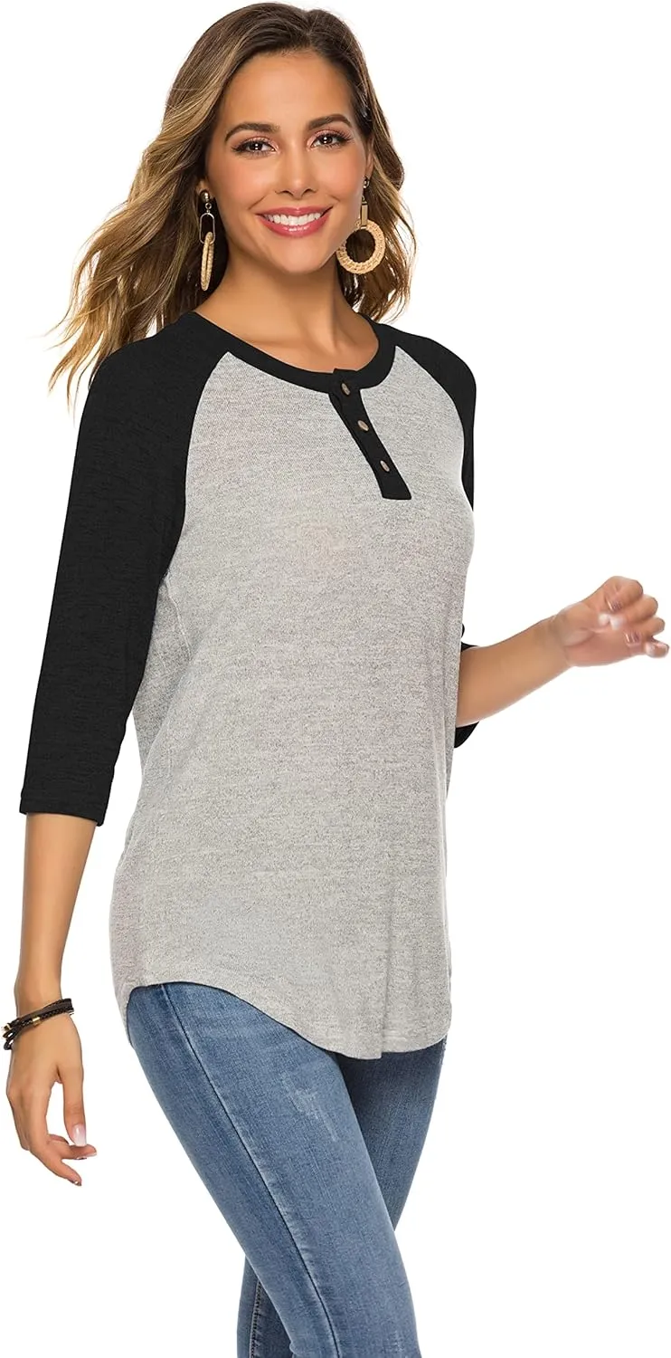 HOCOSIT Women's Raglan V Neck Summer Tops 3/4 Sleeve Ladies Button Henley Shirt Boyfriend Style Blouse