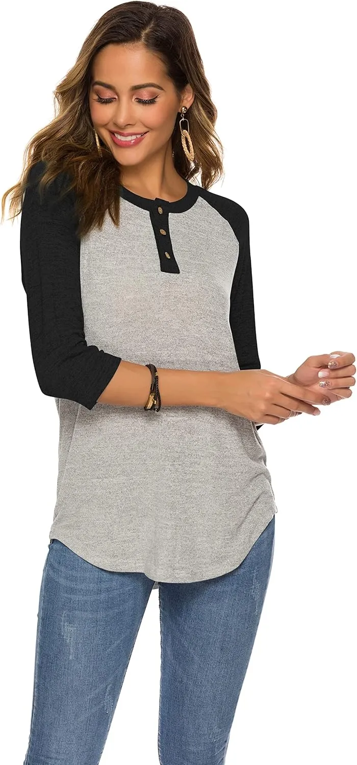 HOCOSIT Women's Raglan V Neck Summer Tops 3/4 Sleeve Ladies Button Henley Shirt Boyfriend Style Blouse