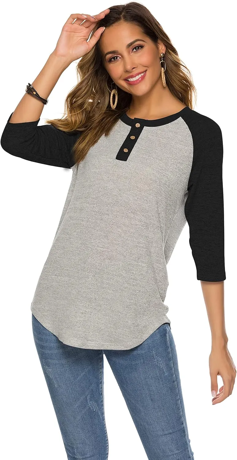 HOCOSIT Women's Raglan V Neck Summer Tops 3/4 Sleeve Ladies Button Henley Shirt Boyfriend Style Blouse