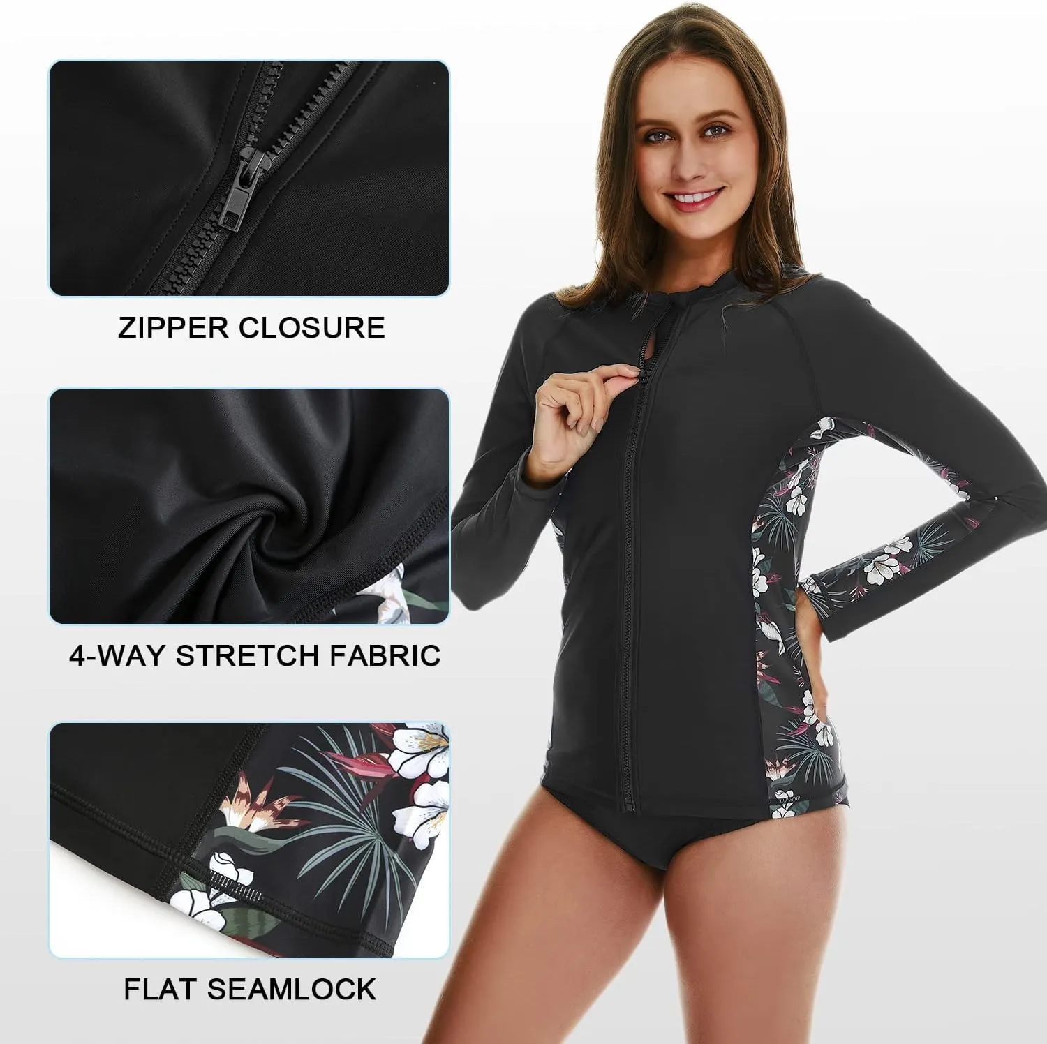 HODOSPORTS Women's Rashguard UPF 50  Swimsuit Zip Front Sun Protection Swim Shirt Long Sleeve S-5XL