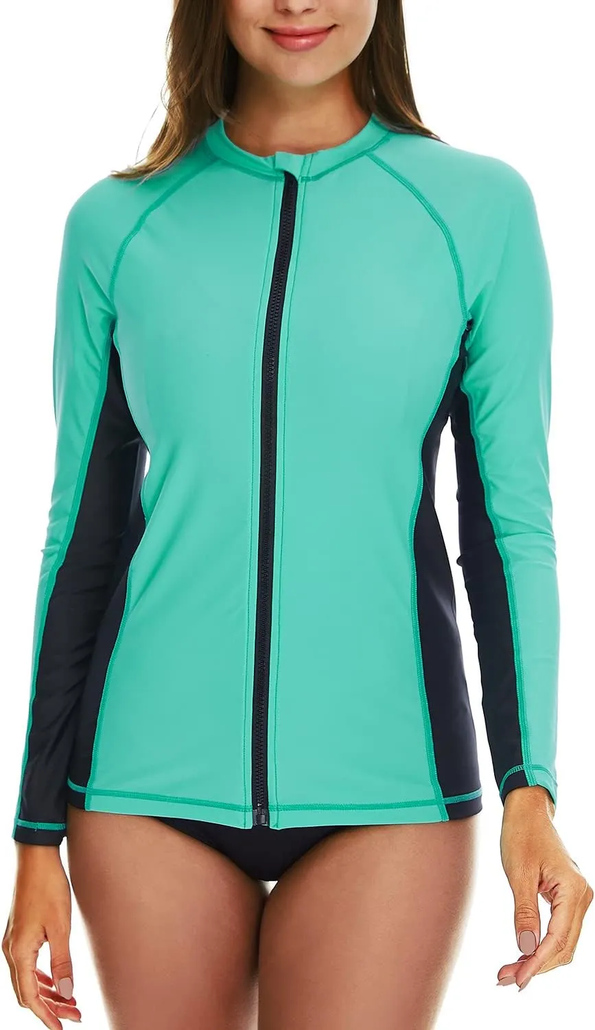 HODOSPORTS Women's Rashguard UPF 50  Swimsuit Zip Front Sun Protection Swim Shirt Long Sleeve S-5XL