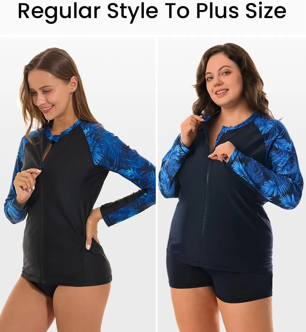 HODOSPORTS Women's Rashguard UPF 50  Swimsuit Zip Front Sun Protection Swim Shirt Long Sleeve S-5XL