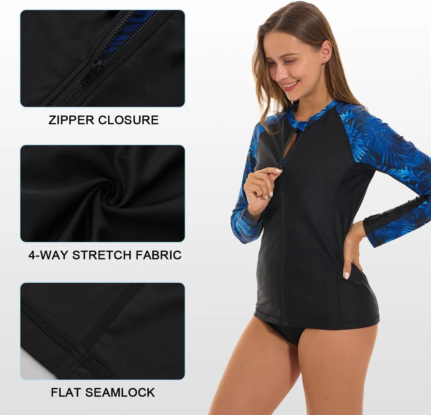 HODOSPORTS Women's Rashguard UPF 50  Swimsuit Zip Front Sun Protection Swim Shirt Long Sleeve S-5XL