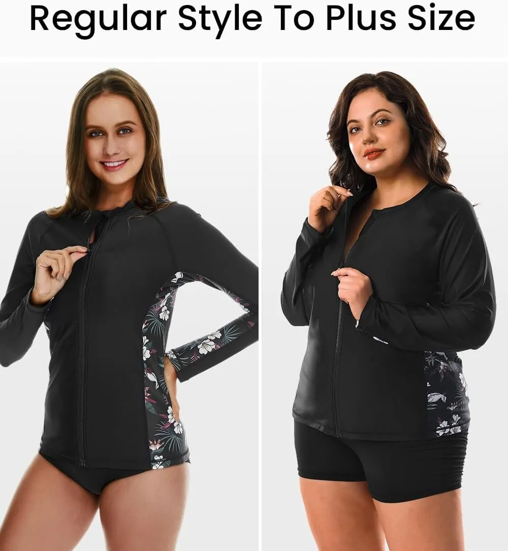HODOSPORTS Women's Rashguard UPF 50  Swimsuit Zip Front Sun Protection Swim Shirt Long Sleeve S-5XL