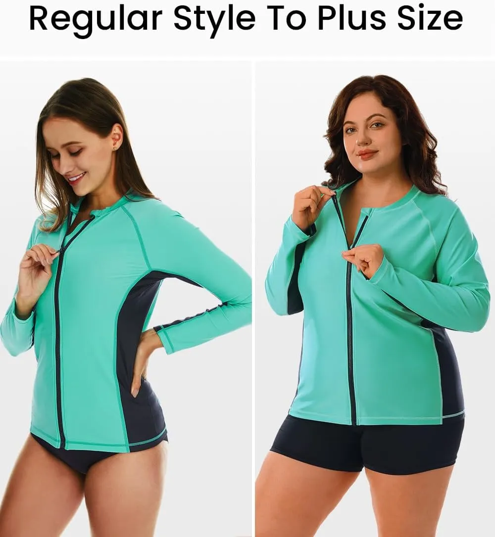 HODOSPORTS Women's Rashguard UPF 50  Swimsuit Zip Front Sun Protection Swim Shirt Long Sleeve S-5XL