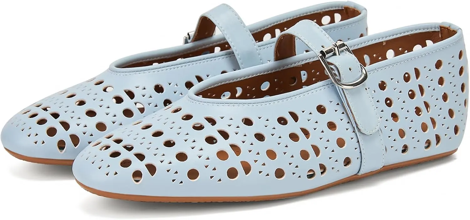 Hollow Ballet Flats Shoes for Women Breathable Hole Round Toe Ballerina Flats Fashion Women's Adjustable Buckle Strap Mary Jane Flats Comfortable Casual Dress