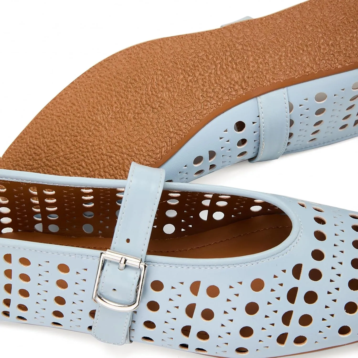 Hollow Ballet Flats Shoes for Women Breathable Hole Round Toe Ballerina Flats Fashion Women's Adjustable Buckle Strap Mary Jane Flats Comfortable Casual Dress