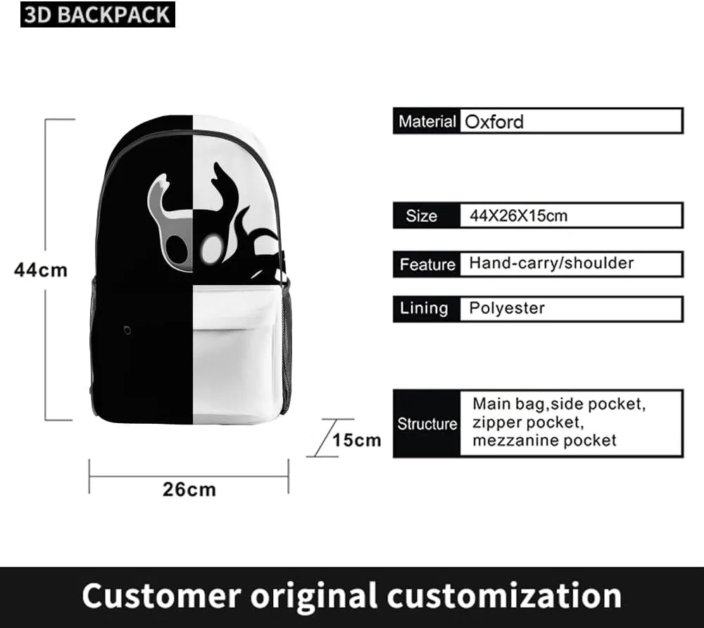 Hollow Knight Merch Backpack Three-piece Sets Casual Fashion Kpop Bags Travel Daypacks (Multicolor-Three Suit)