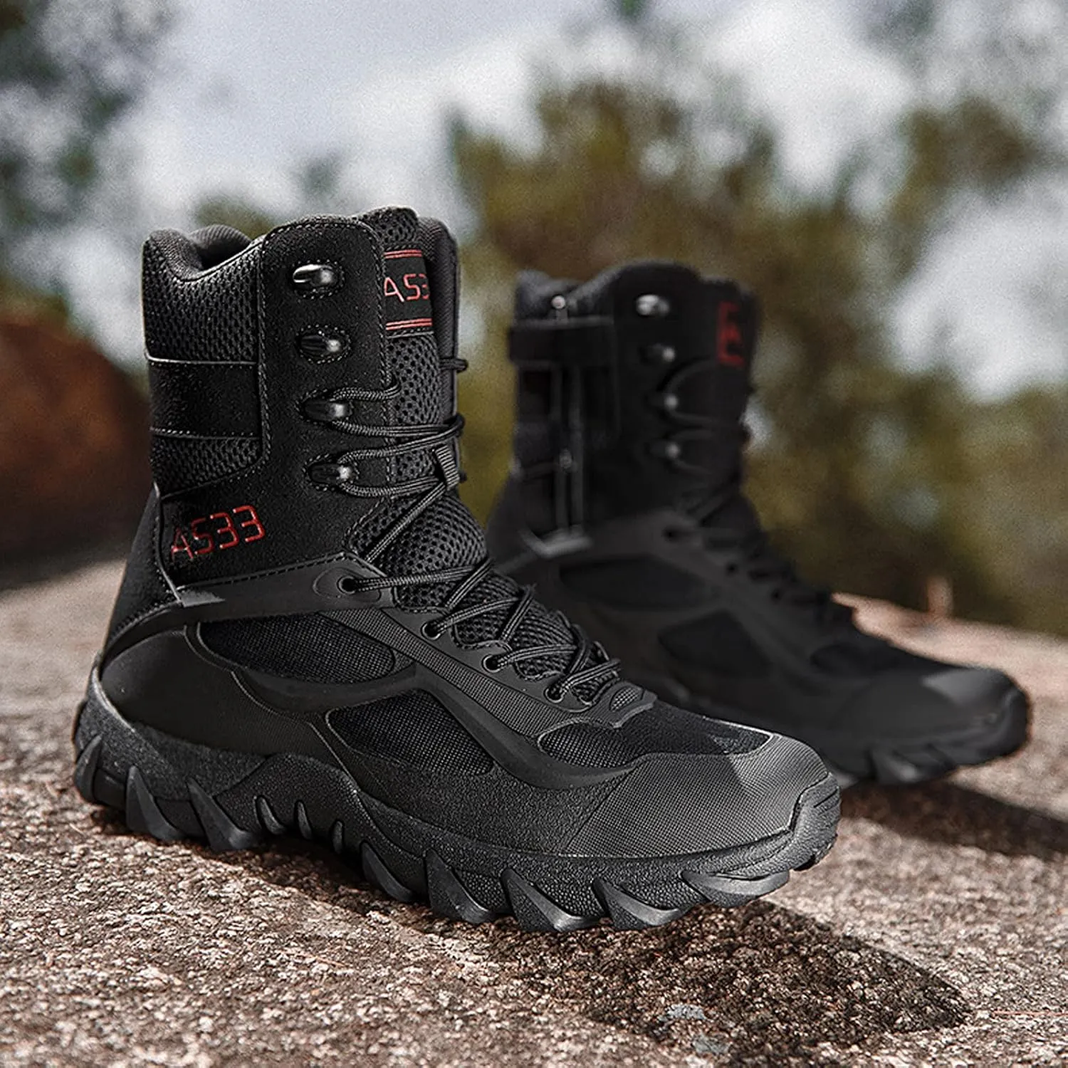 hongrenamz Hiking Boots Men's Waterproof High Top Lightweight Non-Slip Trekking Trail Outdoor Sport Shoes for Adults Black-EU39/US7