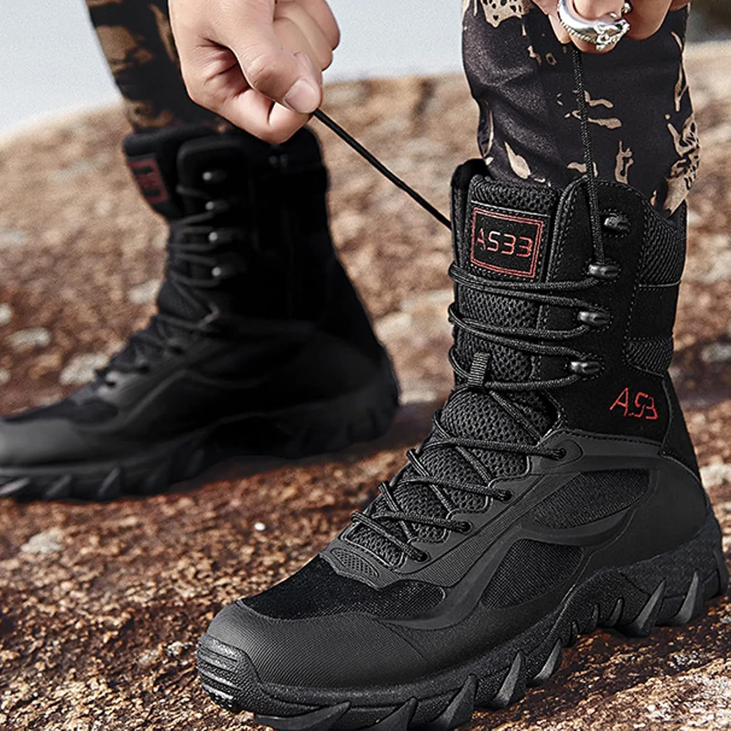 hongrenamz Hiking Boots Men's Waterproof High Top Lightweight Non-Slip Trekking Trail Outdoor Sport Shoes for Adults Black-EU39/US7