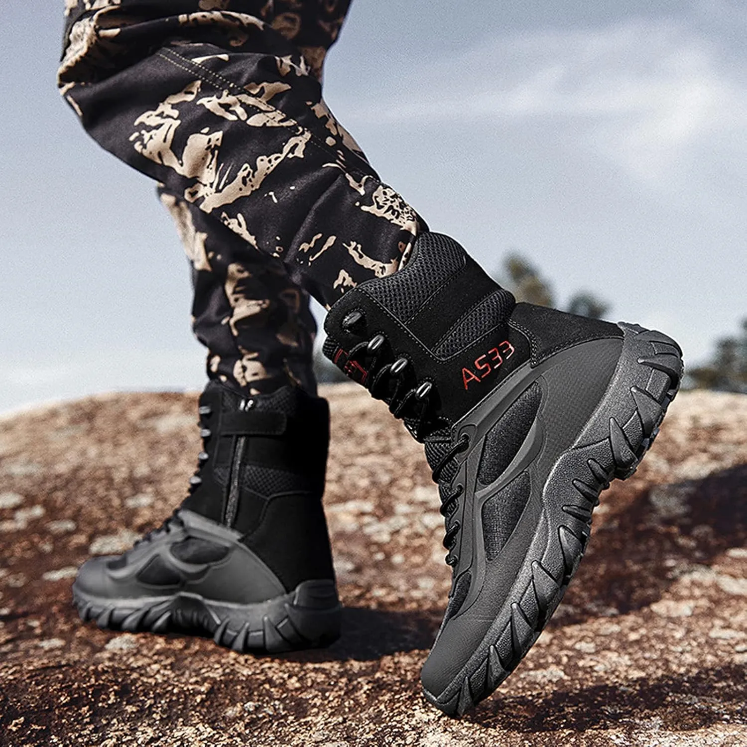 hongrenamz Hiking Boots Men's Waterproof High Top Lightweight Non-Slip Trekking Trail Outdoor Sport Shoes for Adults Black-EU39/US7
