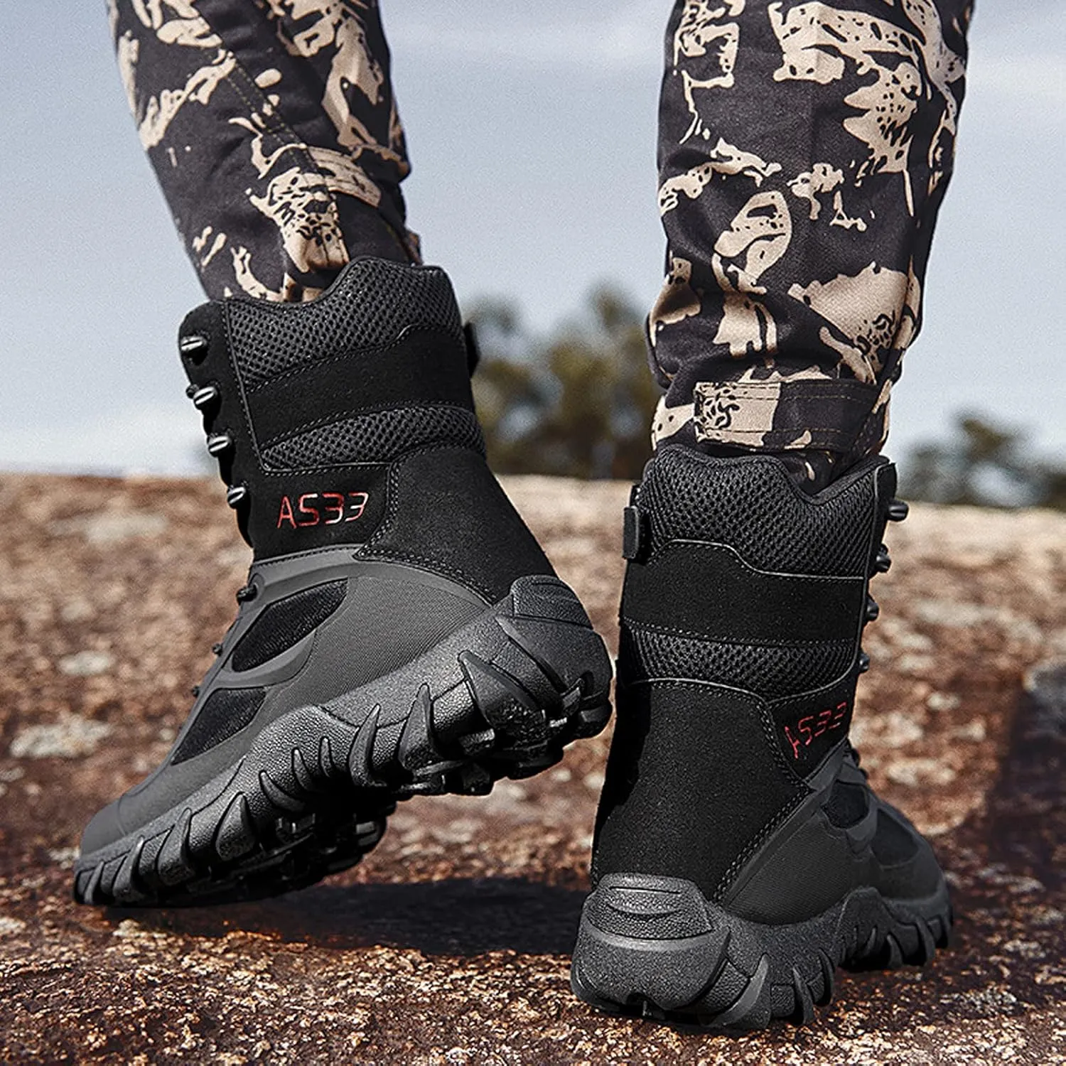 hongrenamz Hiking Boots Men's Waterproof High Top Lightweight Non-Slip Trekking Trail Outdoor Sport Shoes for Adults Black-EU39/US7