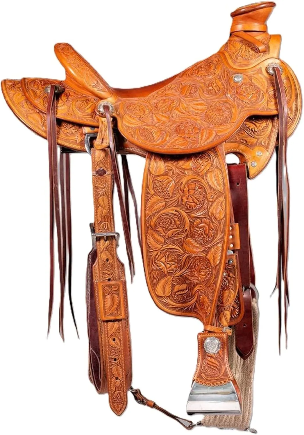 Horse Riding Brown Leather Saddle | Handcrafted Comfortable Seat Horse Pleasure Trail Saddle | with Basket Weave Tooled,Free Tack Set Ranch Work & Free Complete Set Headstall and Breast Collar