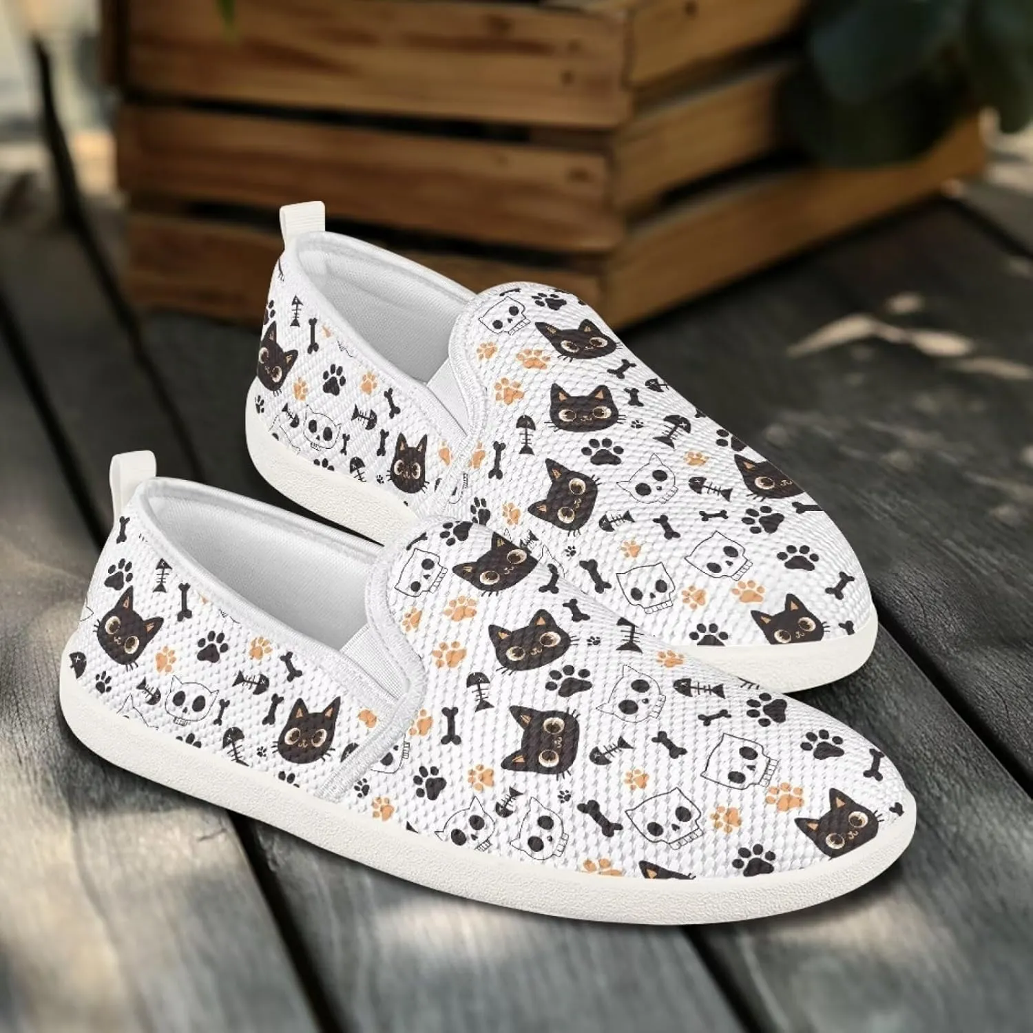 Howilath Cats Pattern Flat Shoes for Women Slip on Sneakers Lightweight Anti-Skid No Laces Running Sneakers