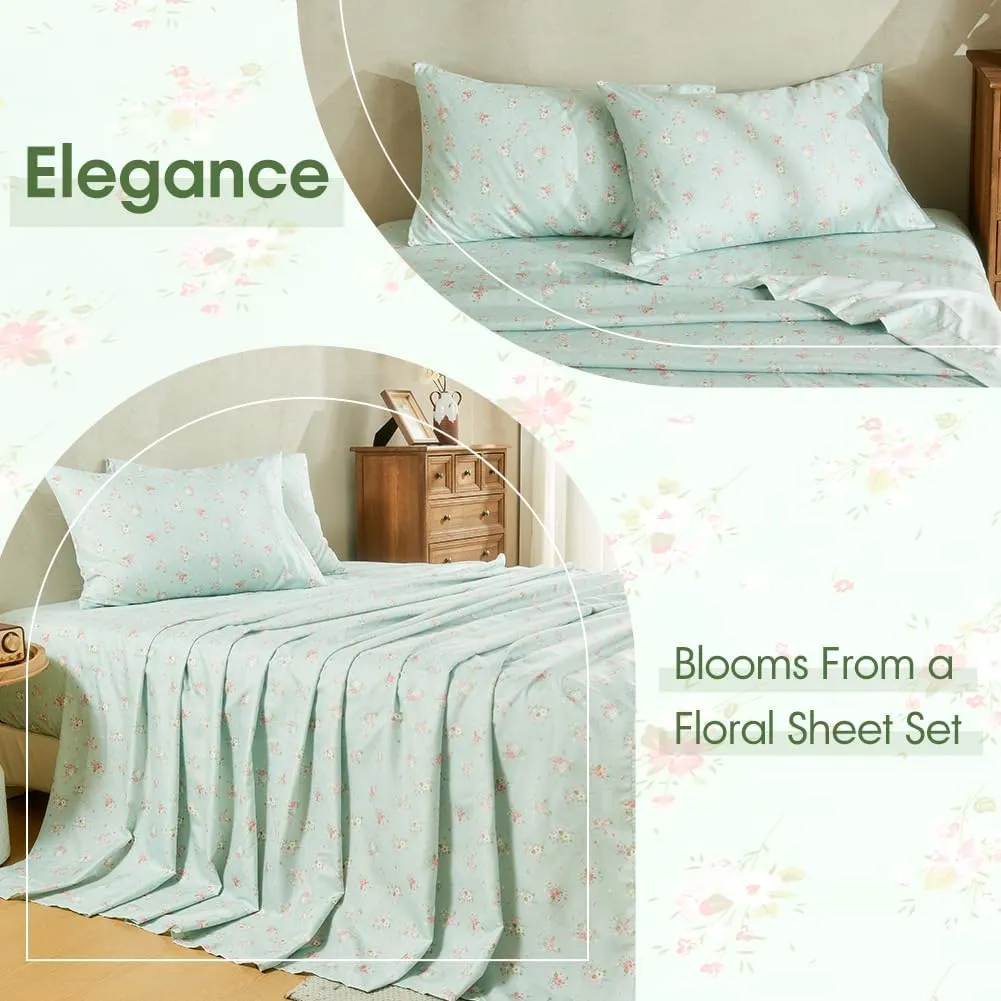 HYPREST Floral Sheets Queen, Soft Breathable Farmhouse 4pcs Bed Sheet Sets,18 inches deep Pocket Sheets