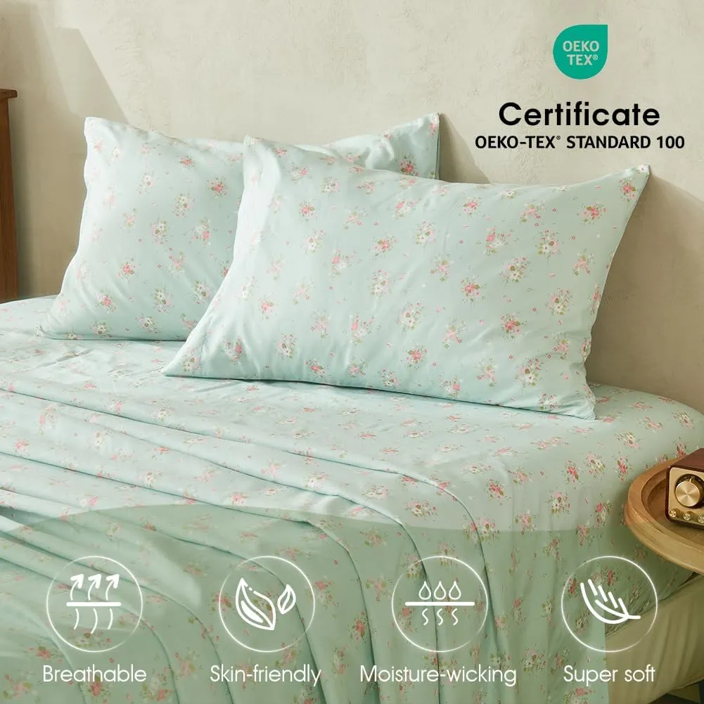 HYPREST Floral Sheets Queen, Soft Breathable Farmhouse 4pcs Bed Sheet Sets,18 inches deep Pocket Sheets