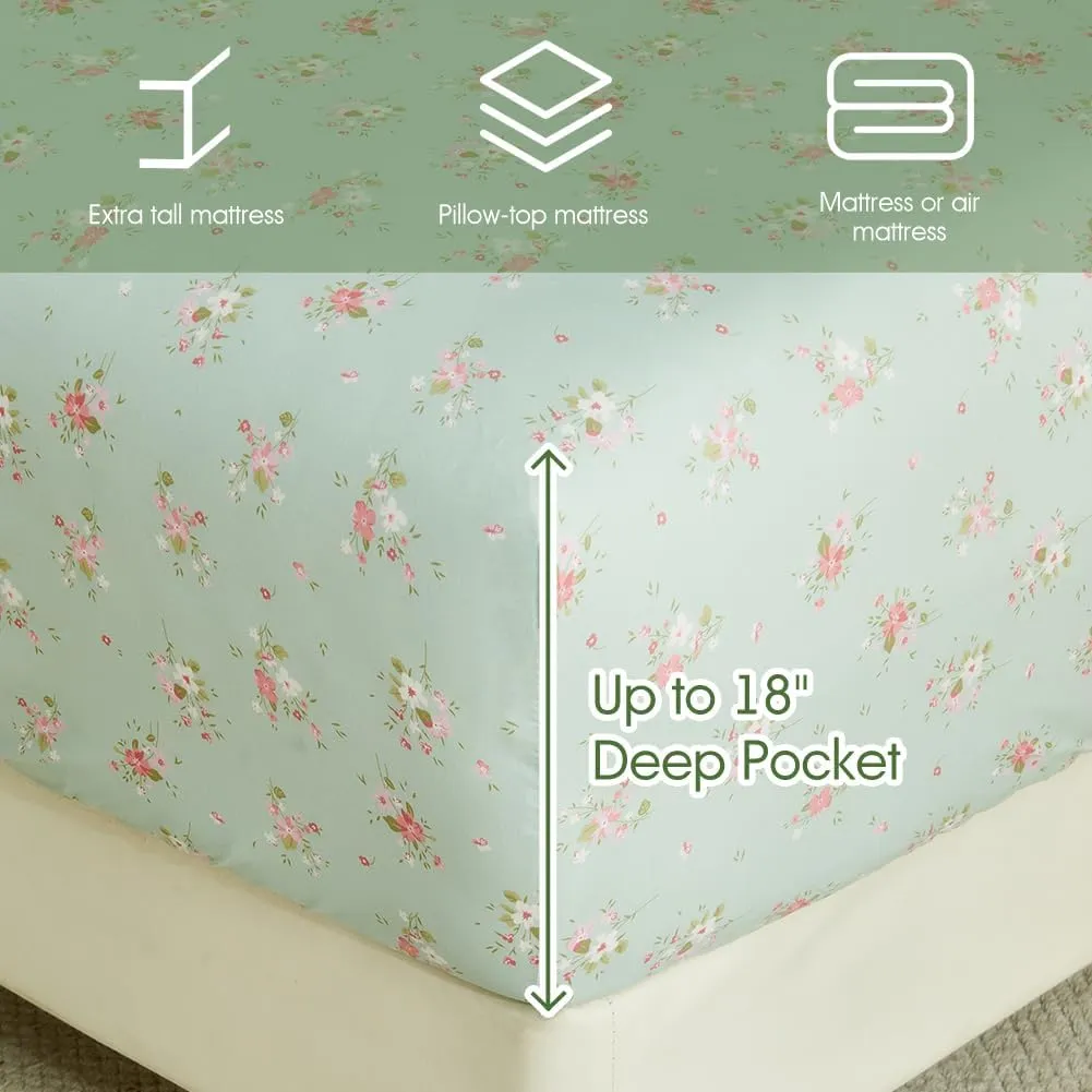 HYPREST Floral Sheets Queen, Soft Breathable Farmhouse 4pcs Bed Sheet Sets,18 inches deep Pocket Sheets