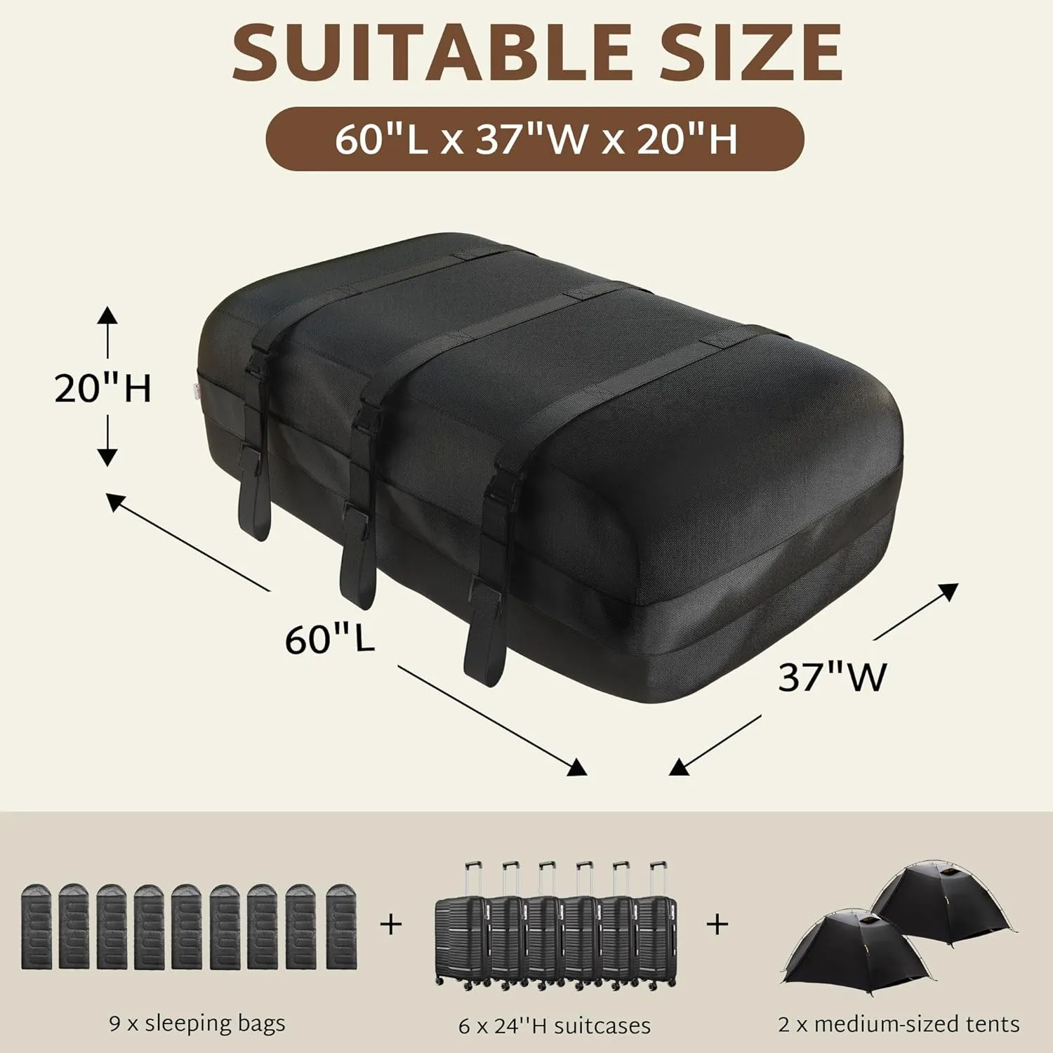 iBirdie Rooftop Cargo Carrier 25 Cubic Feet Waterproof Soft Car Roof Rack Cargo Carrier Heavy Duty 1200D for All Car with/Without Rack, with Anti-Slip Mat, Door Hooks, 60L x 37W x 20H inches