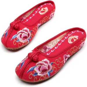 Indoor Outdoor Slippers, Womens Ethnic Canvas Sandal, Chinese Floral Embroidery Slippers, Women Lady Vintage Chinese Style Embroidery Casual Indoor Outdoor Slippers (Color : Red, Size : EUR 37)
