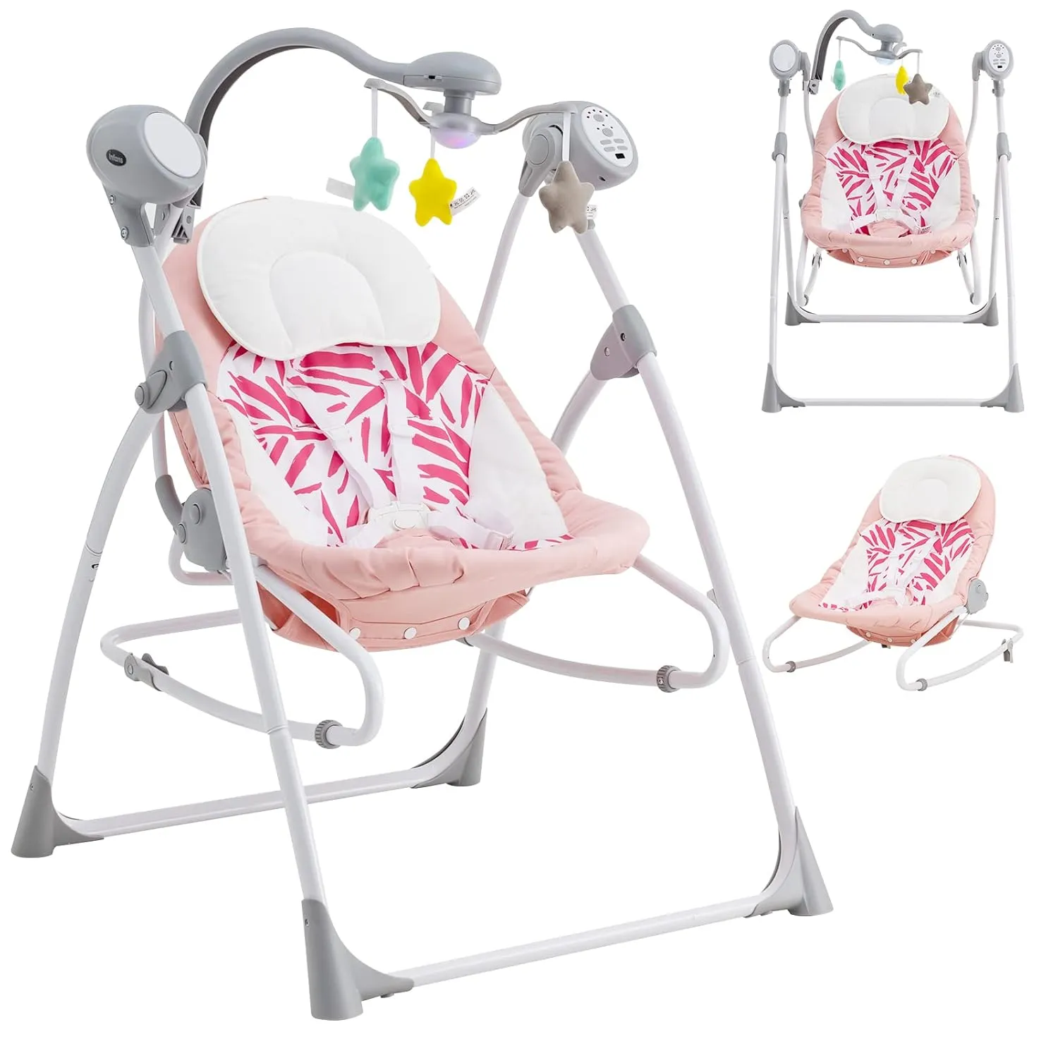 INFANS 2 in 1 Baby Swing and Bouncer for Infants, Portable Newborn Rocker with 5 Speed Sway Music Timing 3 Toys Remote Control, Easy Fold, Compact Electric Baby Swing for 0-6 Months Boy Girl
