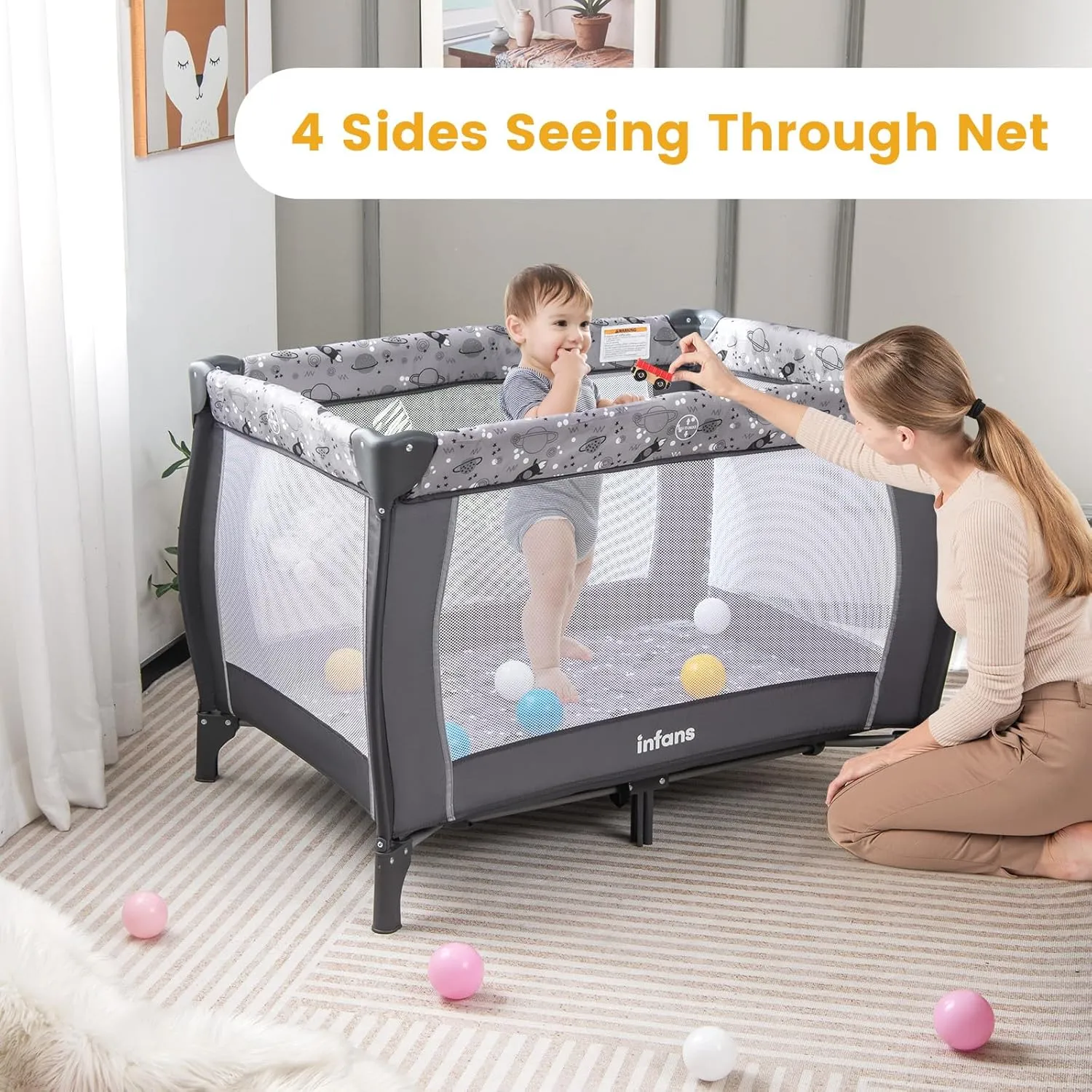 INFANS 4 in 1 Pack and Play, Portable Travel Baby Playard with Bassinet, Changing Table, Canopy, Mosquito Net, Hanging Toys, Music Box, Storage Bag, Large Playpen from Newborn to Toddlers (Grey)