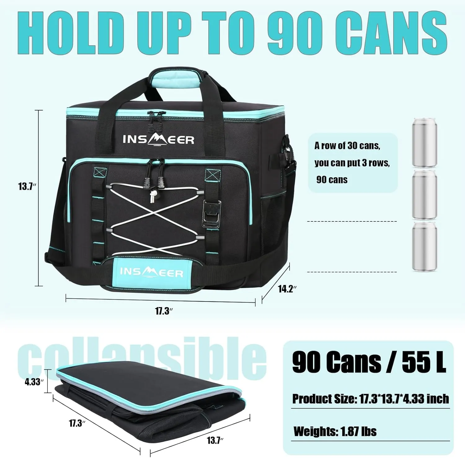 INSMEER Insulated Cooler Bag 90Cans/55L Large Cooler Bag Soft Sided Cooler with Shoulder Strap, Collapsible Coolers, Portable Leakproof Lunch Cooler for Camping/Beach/Food Delivery/Picnic