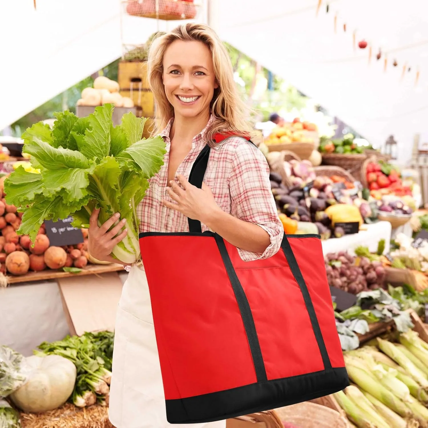 Insulated Cooler Tote Bag Keeps Food Hot or Cold Reusable Shopping Bags for Groceries with Zipper for Beach Travel Picnics