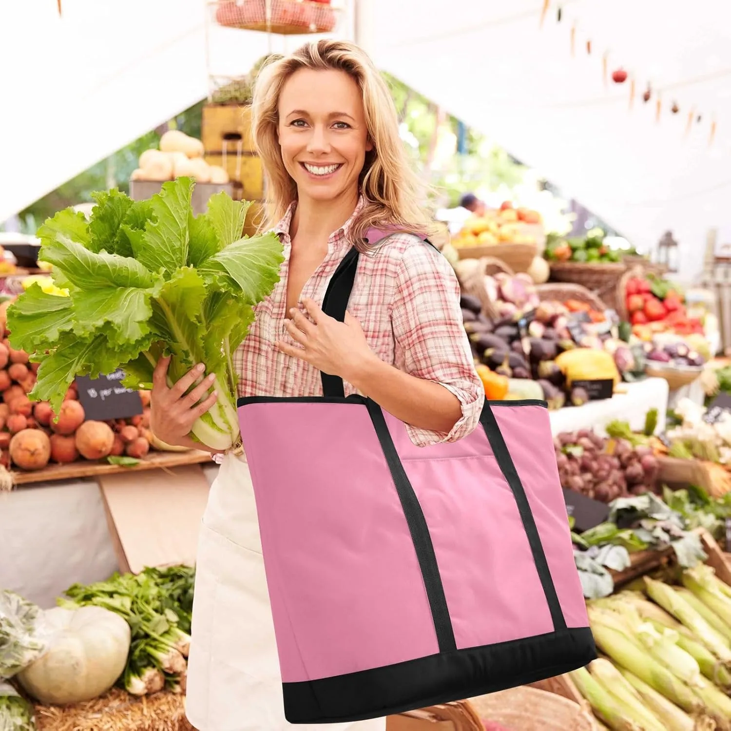 Insulated Cooler Tote Bag Keeps Food Hot or Cold Reusable Shopping Bags for Groceries with Zipper for Beach Travel Picnics