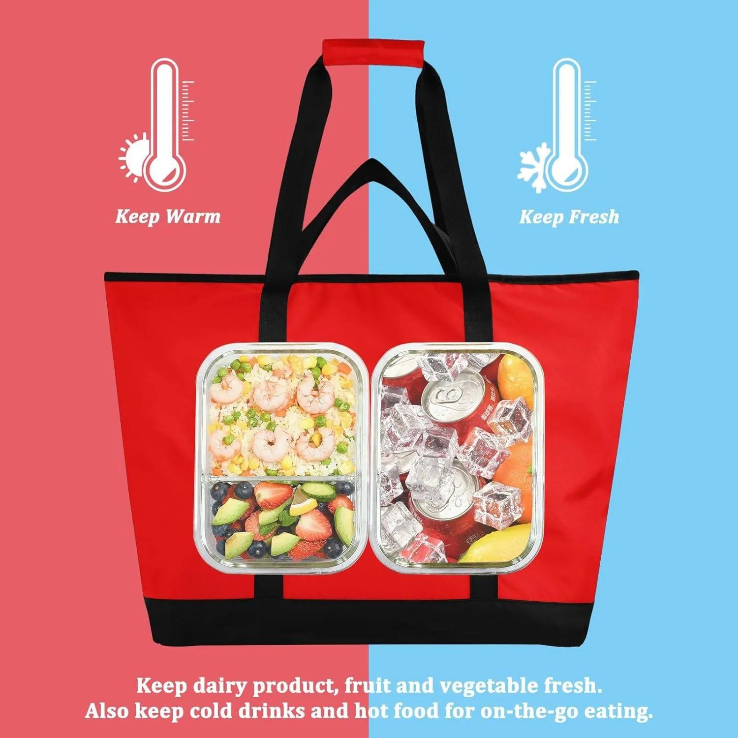 Insulated Cooler Tote Bag Keeps Food Hot or Cold Reusable Shopping Bags for Groceries with Zipper for Beach Travel Picnics