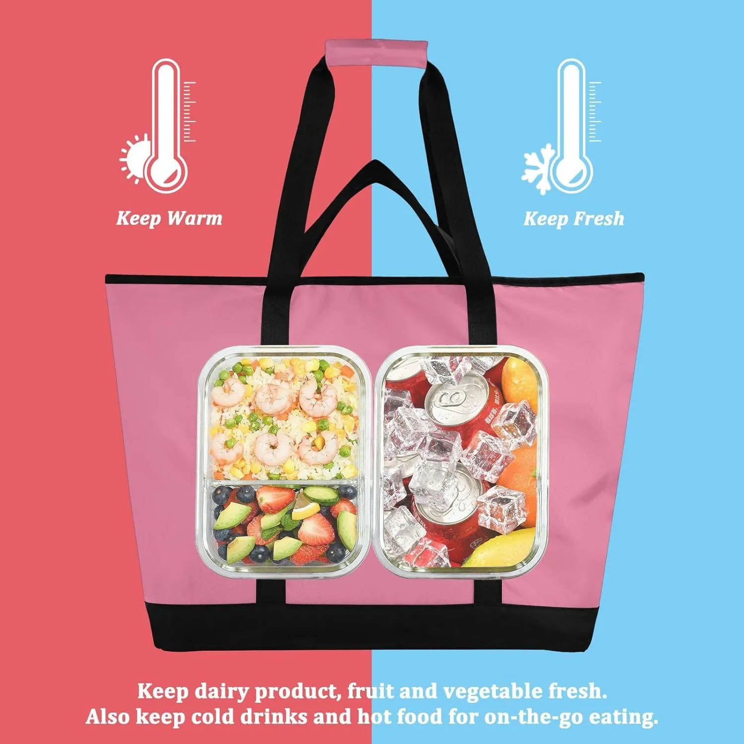 Insulated Cooler Tote Bag Keeps Food Hot or Cold Reusable Shopping Bags for Groceries with Zipper for Beach Travel Picnics