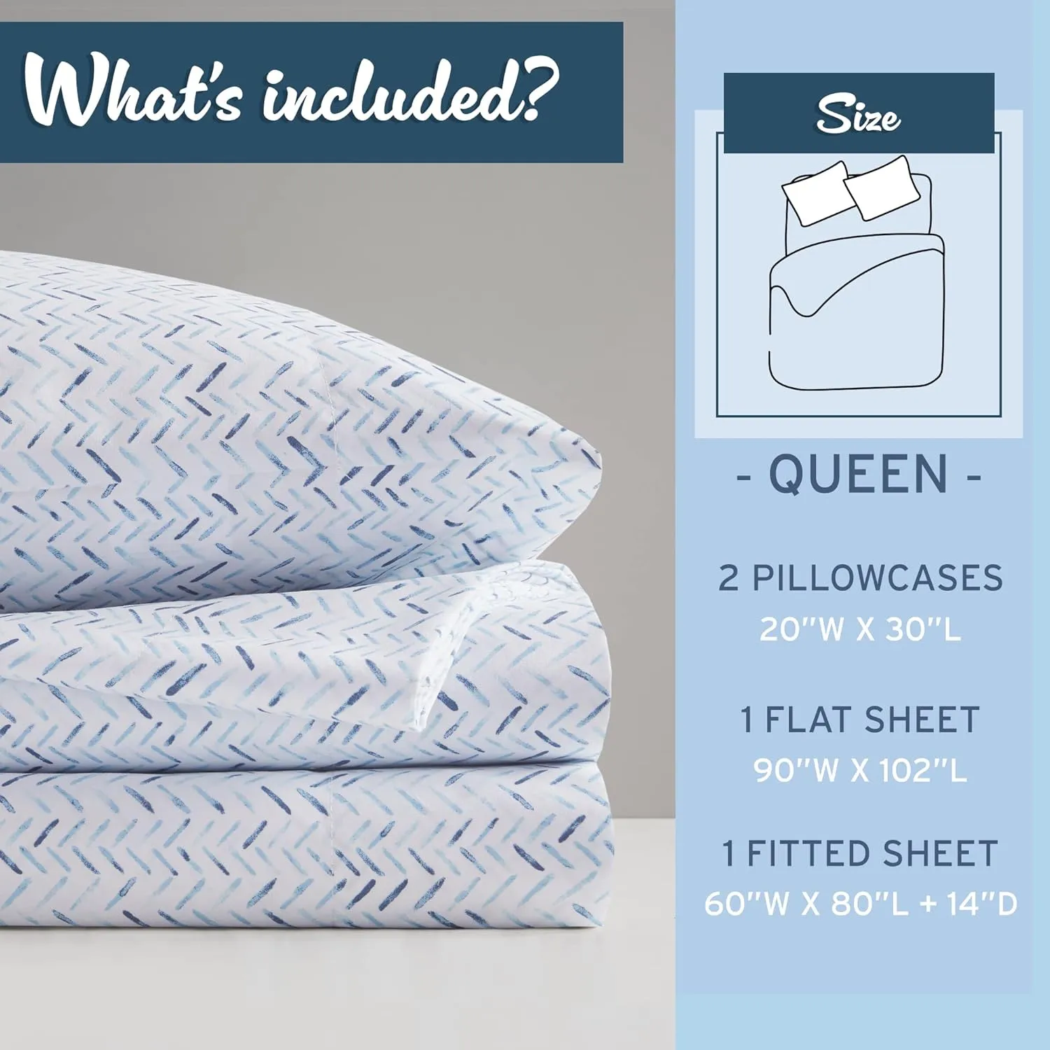 Intelligent Design Printed Microfiber Sheet Set, Soft Modern Bedroom Decor, Elastic Deep Pocket, All Season, Lightweight, Breathable, Cozy Bedding, Matching Pillowcase, Queen Blue Chevron 4 Piece