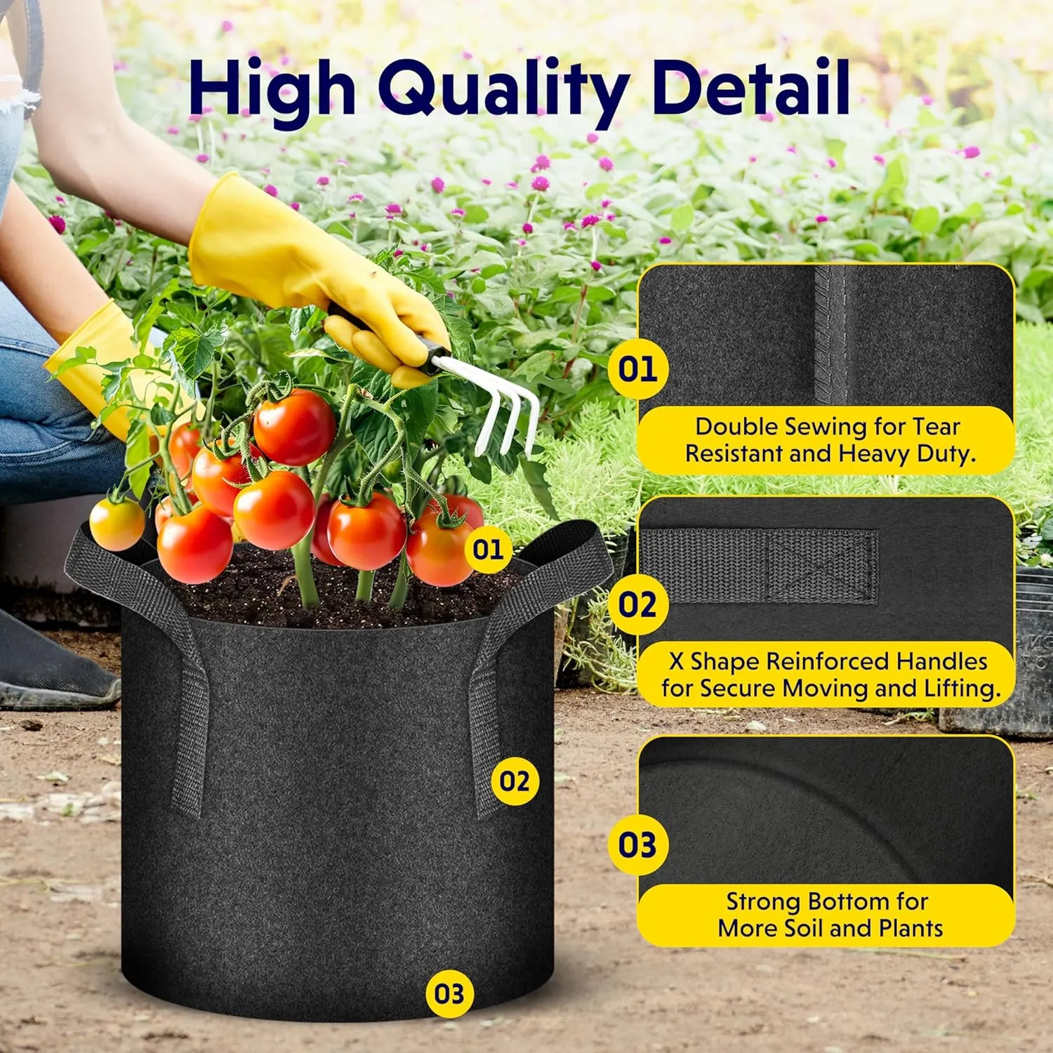iPower 7 Gallon 5 Pack Thickened Aeration Grow Bags Nonwoven Fabric Pots with Strap Handles Container for Gardening, Black