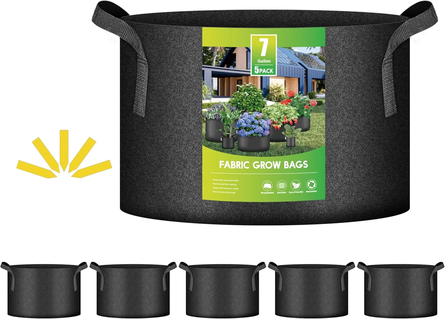 iPower 7 Gallon 5 Pack Thickened Aeration Grow Bags Nonwoven Fabric Pots with Strap Handles Container for Gardening, Black
