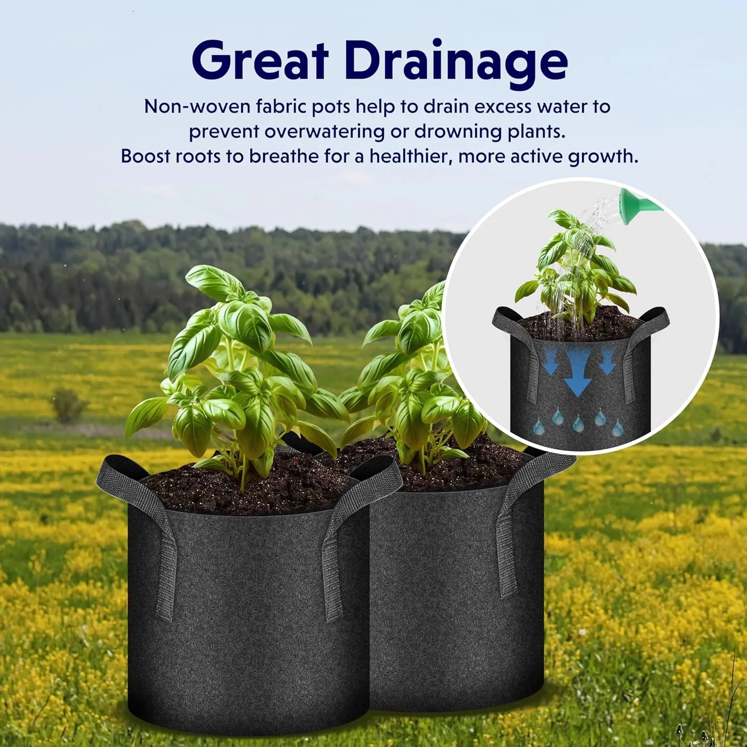 iPower 7 Gallon 5 Pack Thickened Aeration Grow Bags Nonwoven Fabric Pots with Strap Handles Container for Gardening, Black