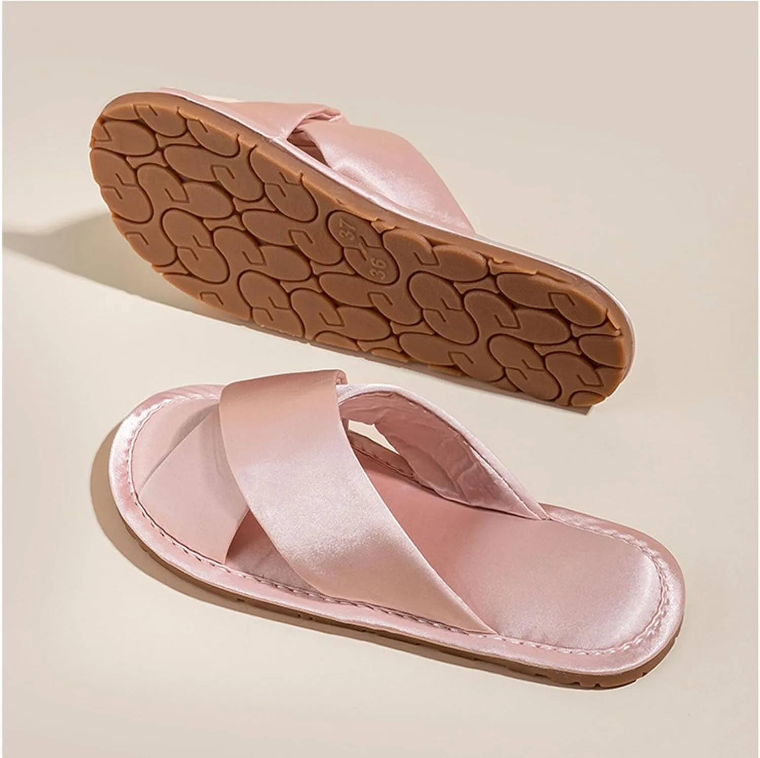 JadeRich Women's Open Toe Satin Slide Slippers Cross Band Cozy Non Slip Luxury Silky Flat Indoor Slippers