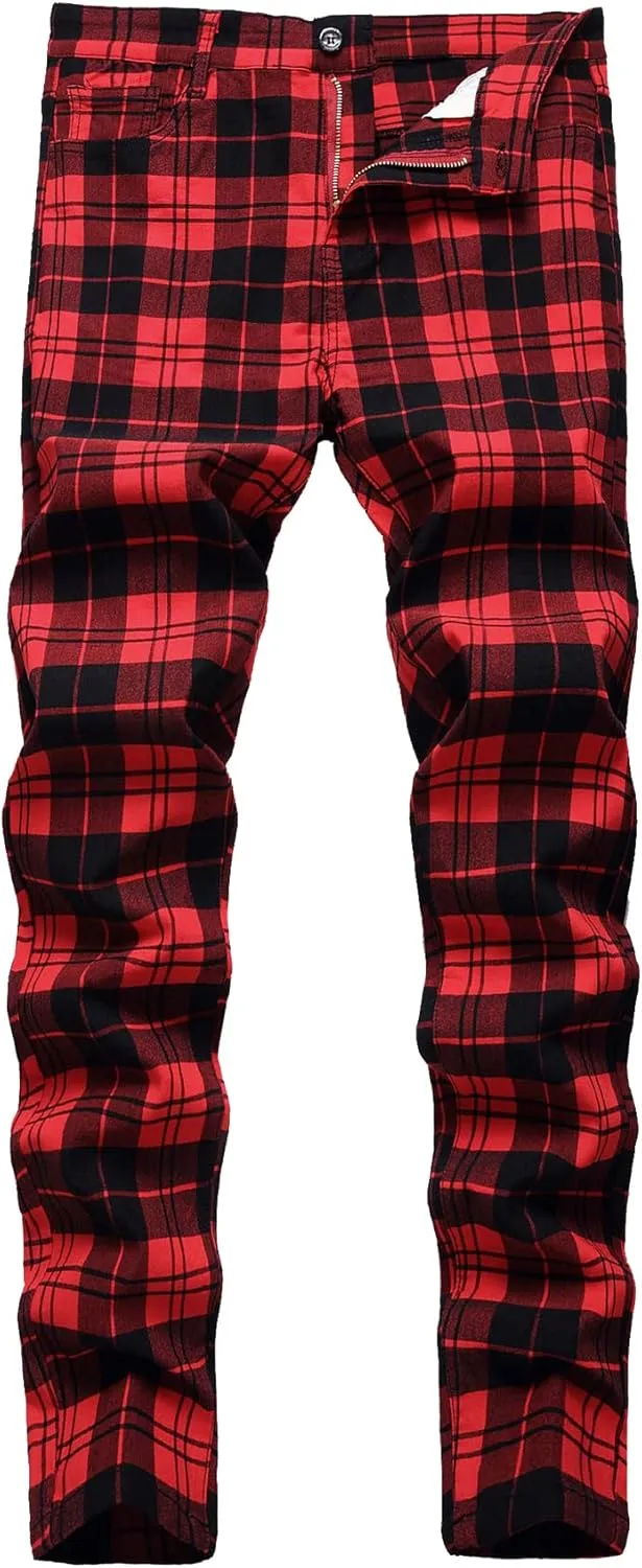 JE&NS Men's Stretch Slim Fit Flat-Front Casual Skinny Chinos Plaid Dress Pants