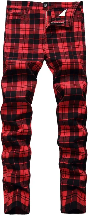 JE&NS Men's Stretch Slim Fit Flat-Front Casual Skinny Chinos Plaid Dress Pants