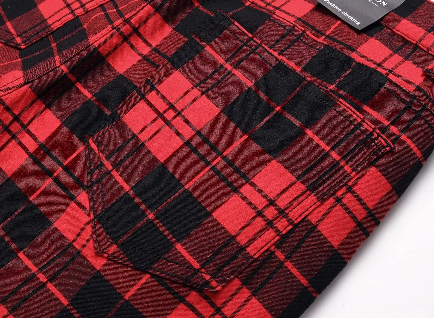 JE&NS Men's Stretch Slim Fit Flat-Front Casual Skinny Chinos Plaid Dress Pants