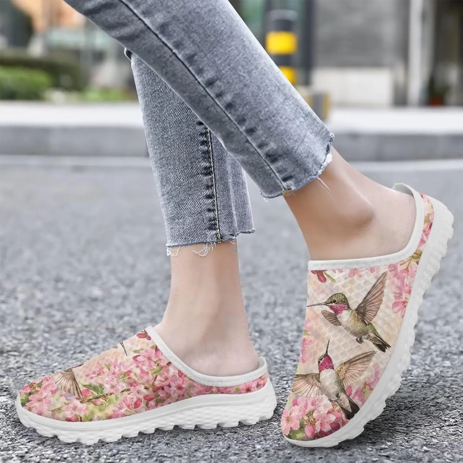 Jeiento Women's Slip on Sneakers Hummingbird Shoes Comfortable Mules Mesh Breathable Slip-On Loafers Slip Resistant Work Casual Backless Shoes