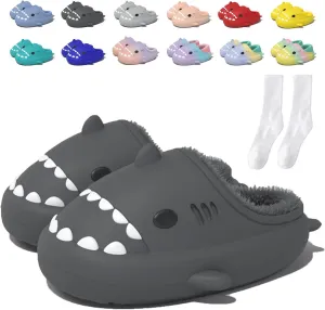 Jfxgjuv Sharklas Originales Kids Polares, Shark Slides Winter Cute Plush Animal Shark Slippers Fuzzy Warm Soft No-Slip House Shoes for Women Men Kids