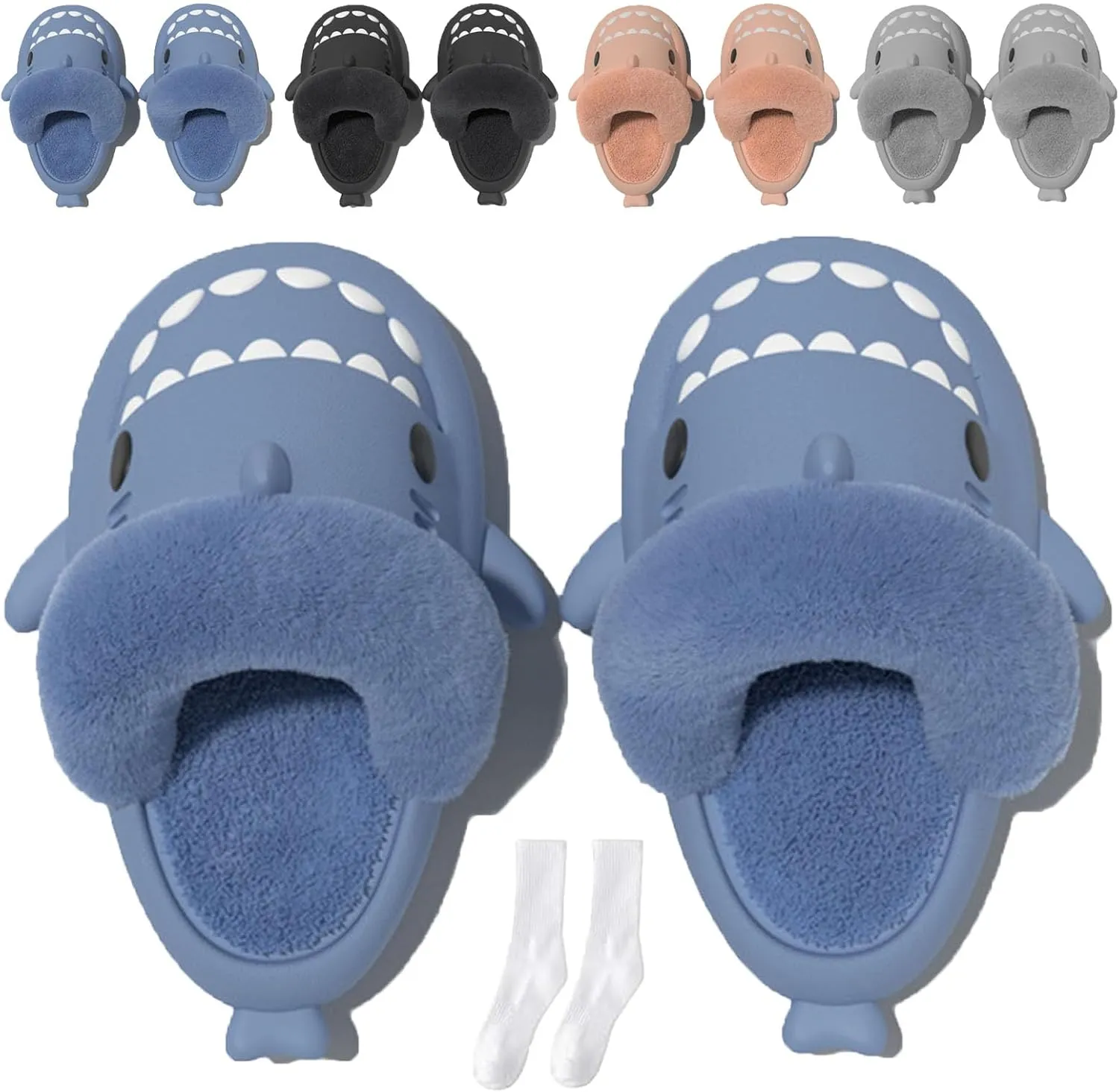 Jfxgjuv Sharklas Originales Kids Polares, Shark Slides Winter Cute Plush Animal Shark Slippers Fuzzy Warm Soft No-Slip House Shoes for Women Men Kids