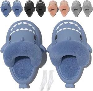 Jfxgjuv Sharklas Originales Kids Polares, Shark Slides Winter Cute Plush Animal Shark Slippers Fuzzy Warm Soft No-Slip House Shoes for Women Men Kids