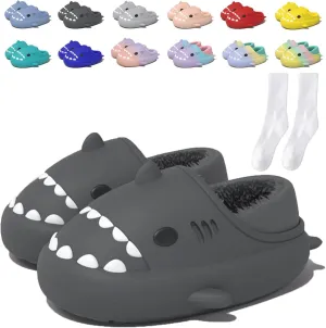 Jfxgjuv Sharklas Originales Kids Polares, Shark Slides Winter Cute Plush Animal Shark Slippers Fuzzy Warm Soft No-Slip House Shoes for Women Men Kids