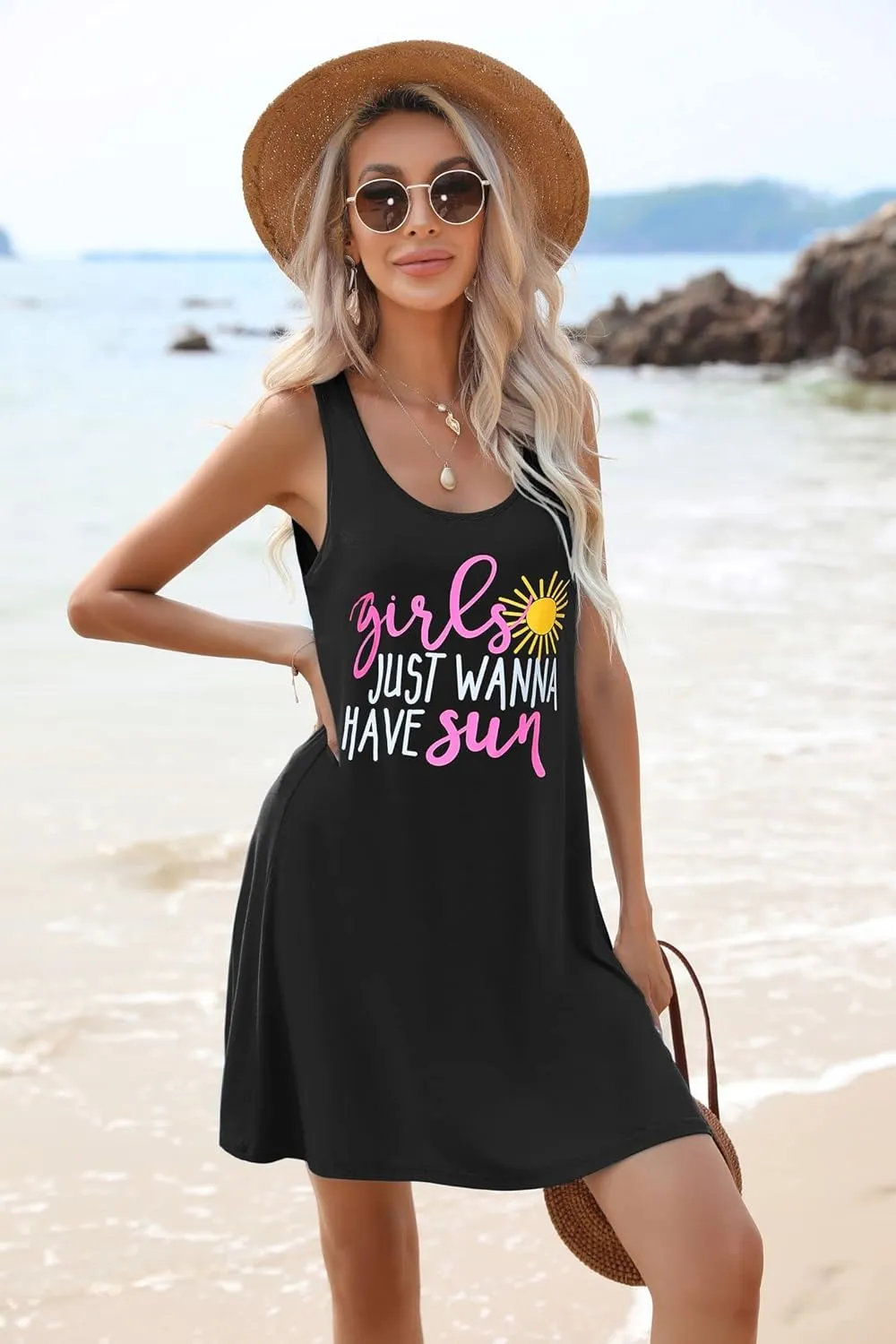 JiniGolla Womens Summer Beach Cover Up Dresses Loose Swimsuit Coverup Tank Sundress