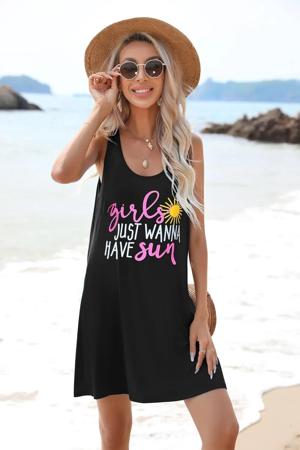 JiniGolla Womens Summer Beach Cover Up Dresses Loose Swimsuit Coverup Tank Sundress