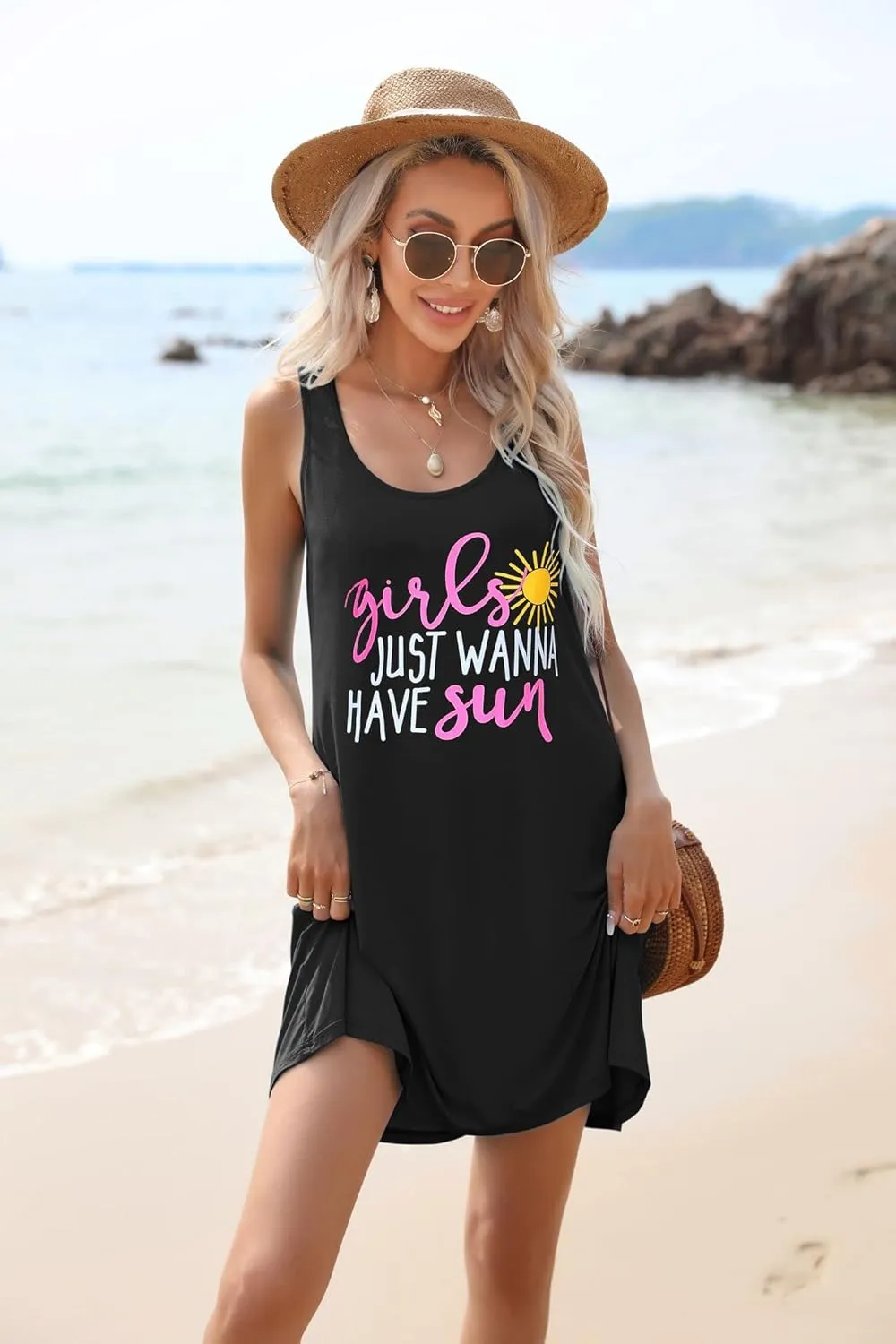 JiniGolla Womens Summer Beach Cover Up Dresses Loose Swimsuit Coverup Tank Sundress
